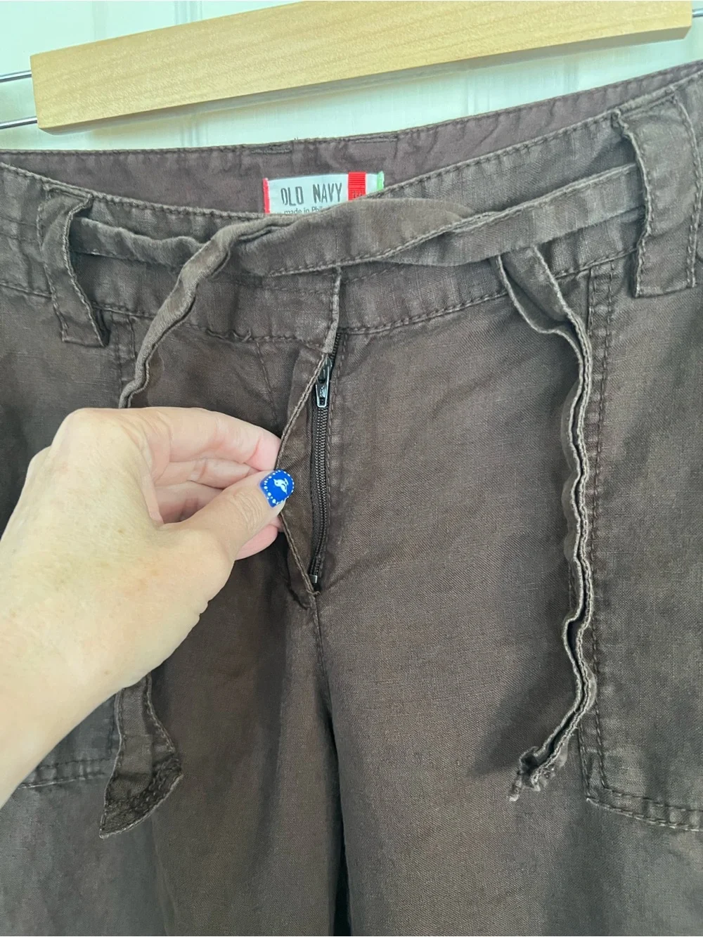 Old Navy 100% Linen Brown Utility Cargo Capri Pants Drawstring